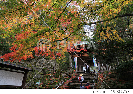 秋の四国霊場第88番札所「大窪寺」紅葉の山門とお遍路さん 19089753