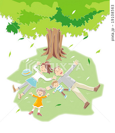 木の下で気持ちよく昼寝する家族のイラスト素材
