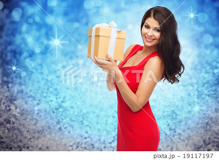 beautiful sexy woman in red dress with gift box 19117197