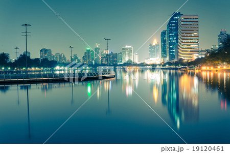 City downtown at night with reflection of skyline,Blue green ton City downtown at night with reflection of skyline,Blue green ton 19120461