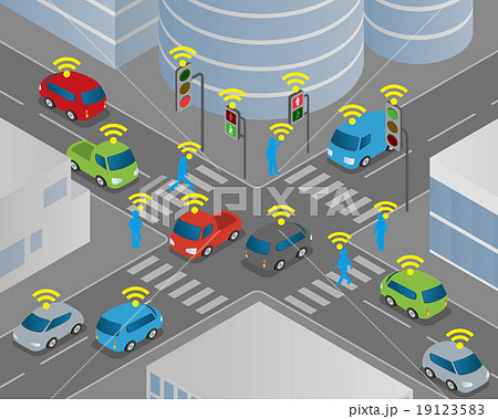 交差点と信号機 道路と自動車 無線通信のイラスト素材