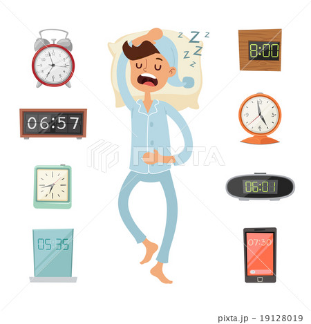 alarm clock and sleeping man vector illustrationのイラスト素材