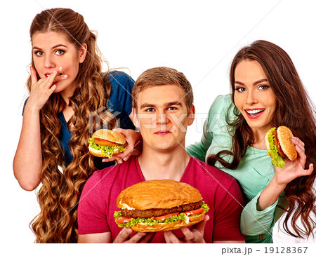 Group people holding big hamburgers . 19128367