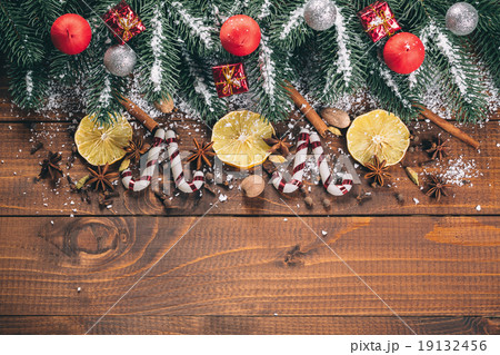 Beautiful Christmas wooden background with snow 19132456