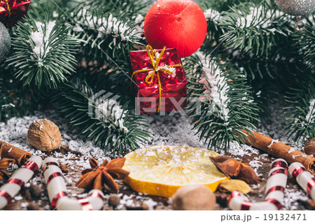 Beautiful Christmas wooden background with snow 19132471