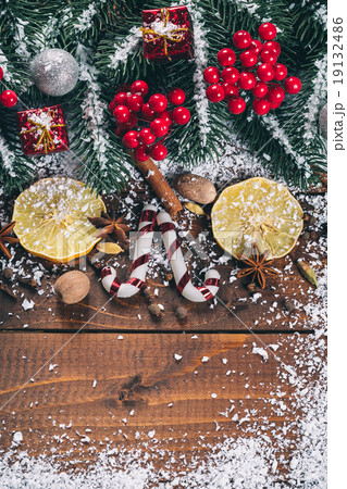 Beautiful Christmas wooden background with snow 19132486