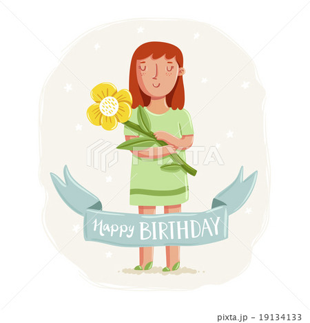 Happy birthday card with a girl holding a flower 19134133