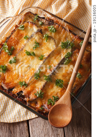 Greek moussaka with eggplant closeup in dish Greek moussaka with eggplant closeup in dish 19136005