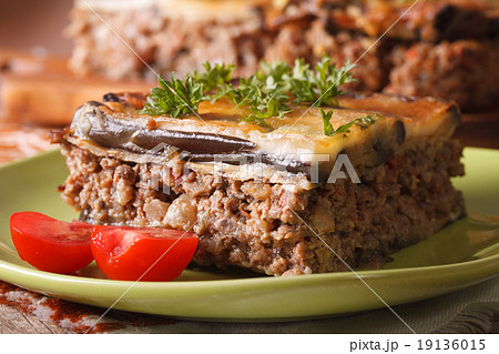 Piece of moussaka with tomatoes on a plate macro Piece of moussaka with tomatoes on a plate macro 19136015
