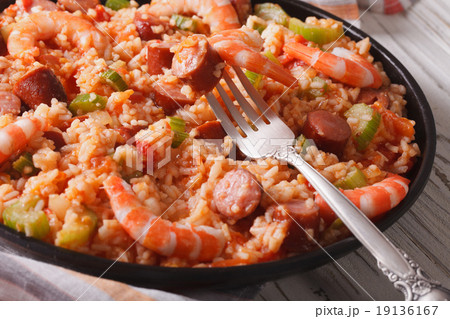 Creole jambalaya close-up on the table. horizontal 19136167