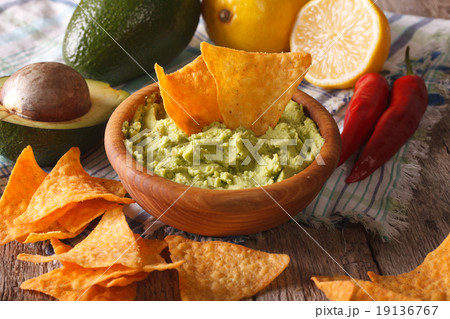 Corn nachos and guacamole sauce and ingredients 19136767