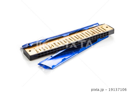 Broken harmonica cover plate isolated in white Broken harmonica cover plate isolated in white 19137106