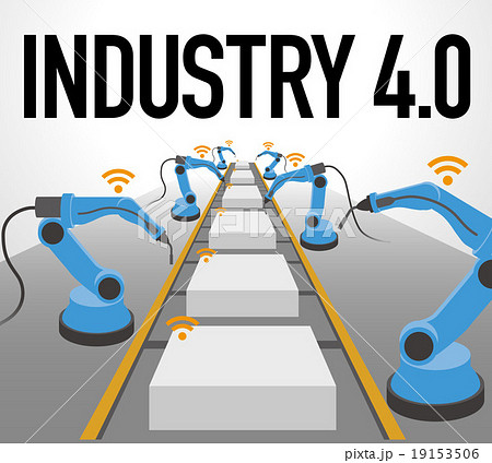 Industry 4 0 イメージイラスト ベルトコンベヤーとロボットアーム のイラスト素材