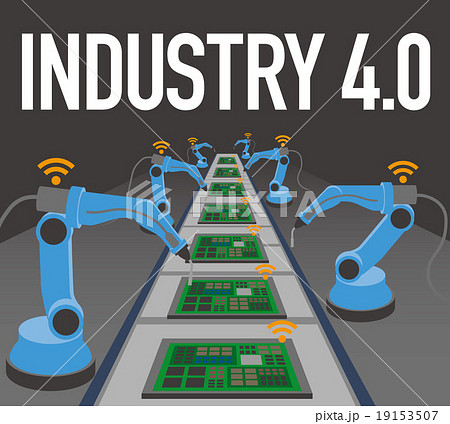 Industry 4 0 イメージイラスト ベルトコンベヤーとロボットアーム のイラスト素材
