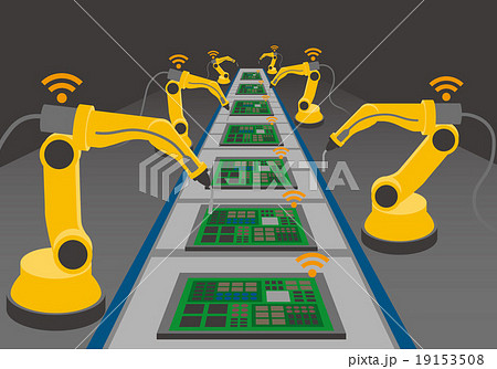 Industry 4 0 イメージイラスト ベルトコンベヤーとロボットアーム のイラスト素材