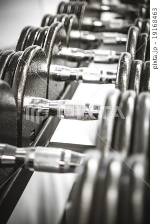 Gym interior close up, machinery and weightlifting 19168463