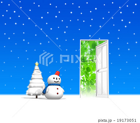 雪だるまとクリスマスツリーとどこでもドアのイラスト素材