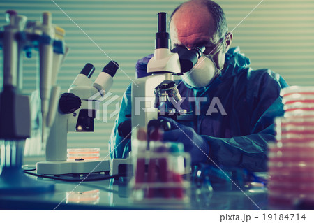 scientist looking at microscope in chemistry laboratory scientist looking at microscope in chemistry laboratory 19184714