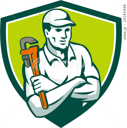 Plumber Monkey Wrench Arms Crossed Shield Retro 19185998