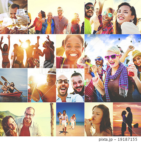 Collage Diverse Faces Summer Beach People Concept 19187155