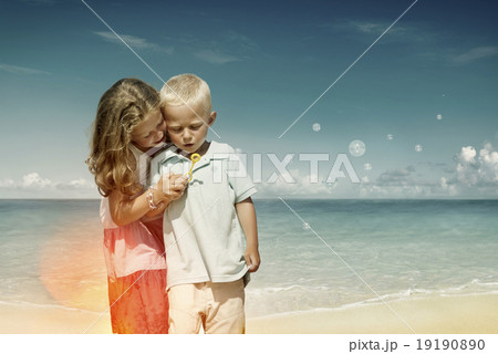Boy Girl Playful Blowing Bubble Togetherness Concept Boy Girl Playful Blowing Bubble Togetherness Concept 19190890