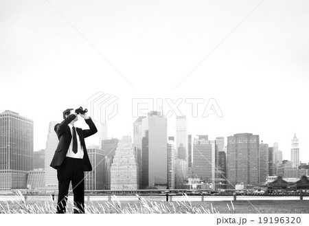 Business Man Searching Binoculars Outdoors Concept Business Man Searching Binoculars Outdoors Concept 19196320