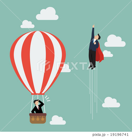 Superhero fly pass Businessman in hot air balloon Superhero fly pass Businessman in hot air balloon 19196741