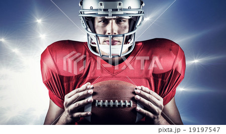 Composite image of close-up portrait of confident american footb 19197547