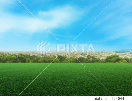 Panoramic view of a meadow against cityscape 19204491
