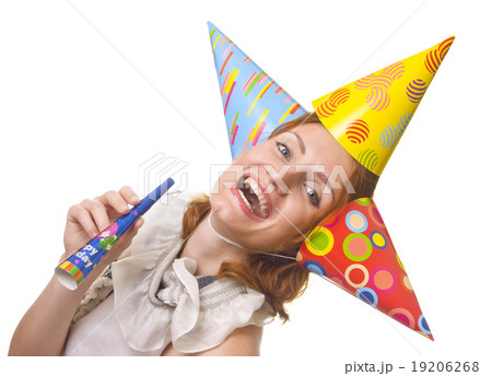 Woman in three party hats Woman in three party hats 19206268