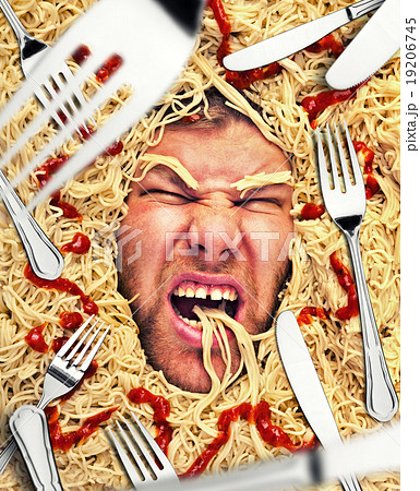 Man's face in pasta, closeup Man's face in pasta, closeup 19206745