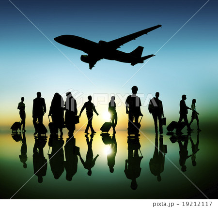 Back Lit Business People Traveling Airplane Airport Concept 19212117
