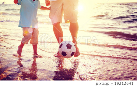 Father Son Playing Soccer Beach Summer Concept 19212641