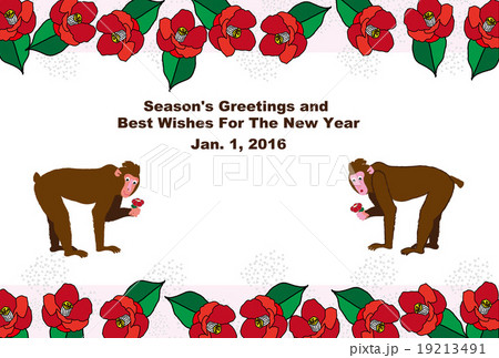 椿の花と二匹の猿のイラスト年賀状テンプレート 19213491