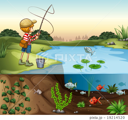 Boy on the river bank fishing alone 19214520