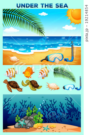 Ocean theme with beach and underwater 19214854