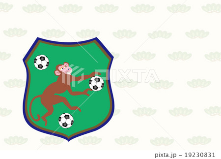 サッカーとサルのエンブレム型のデザインポストカードのイラスト素材