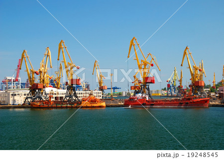 The trading seaport with cranes, cargoes and ship 19248545