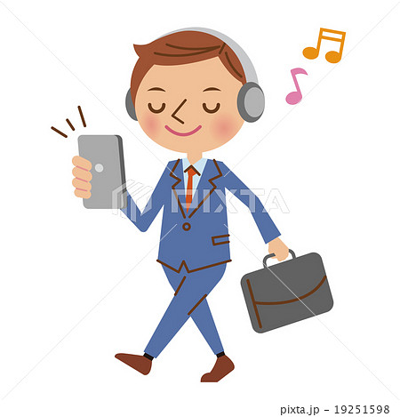 通勤中にスマホで音楽を聴くビジネスマンのイラスト素材