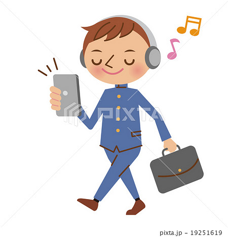 スマートフォンで音楽を聴きながら歩く男子中学生 高校生 学ラン のイラスト素材
