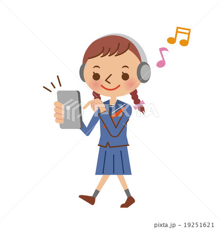 スマートフォンで音楽を聴きながら歩く女子中学生 高校生 セーラー服 のイラスト素材