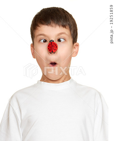 boy with ladybug on face, teenager fun portrait  19251859