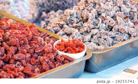 Assorted dried fruits in tray. 19255741