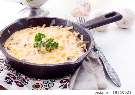 Casserole with chicken and mushrooms on the table.  19259023