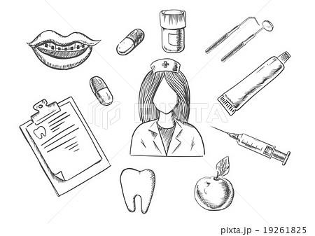 Dental sketch icons with medical items 19261825