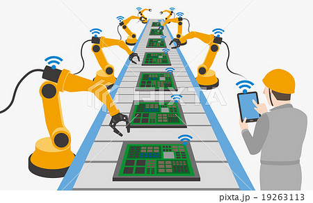 Industry 4 0 イメージイラスト ベルトコンベヤーと産業機械 のイラスト素材