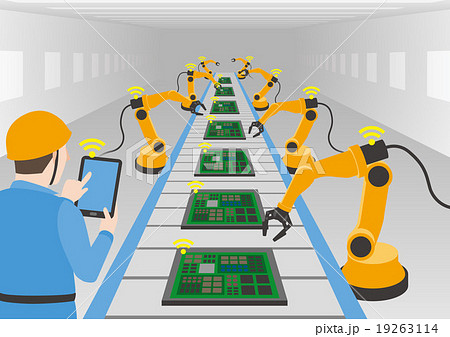 Industry 4 0 イメージイラスト ベルトコンベヤーと産業機械 のイラスト素材