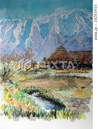 日本アルプスと萱葺き民家スケッチのイラスト素材
