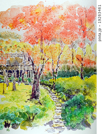 嵐山の大河内山荘 秋 紅葉 日本の家 民家 故郷 ふるさと レトロ 紅葉のイラスト素材