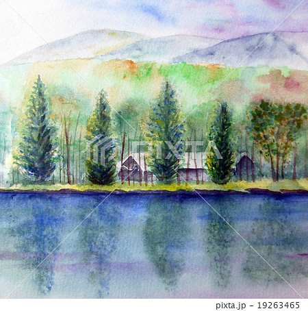 秋の風景イラスト、屈斜路湖のスケッチ画 19263465